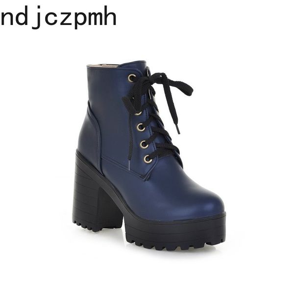 

women's boots new pattern winter fashion round head lace-up high heel short tube women's shoes plus size 32-43 heel height 10cm, Black