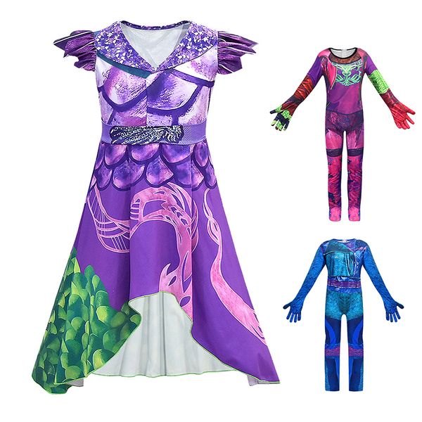 

fancy halloween clothing for girl descendants 3 mal dress wicked world villain evie audrey jusmpsuit cosplay descendants costume, Red;yellow