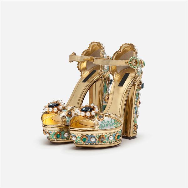 

New rhine tone rivet chunky high heel platform andal woman printing cry tal pearl luxuriou party dre hoe for women
