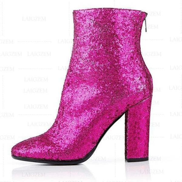 

bling glitter ankle boots round toe chunky block heels booties botas zapatos ladies sequined shoes woman big size 45 47, Black