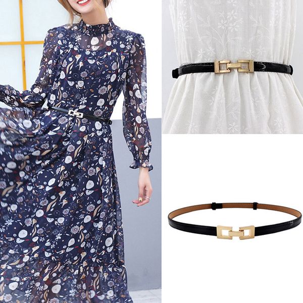 

candy color metal buckle thin belts for women pu leather female straps waistband for dress harajuku girl slim waist belt, Black;brown