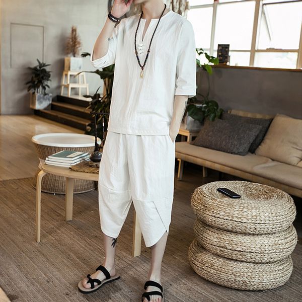 

men thin linen set summer chinese style loose large size cotton linen 2pcs/set short sleeve middle length pants bmf88, Gray