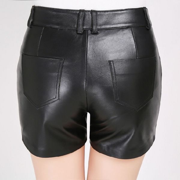 

fashion new women sheepskin genuine leather shorts zipper fly back pockets button waist straight female modis shorts, White;black