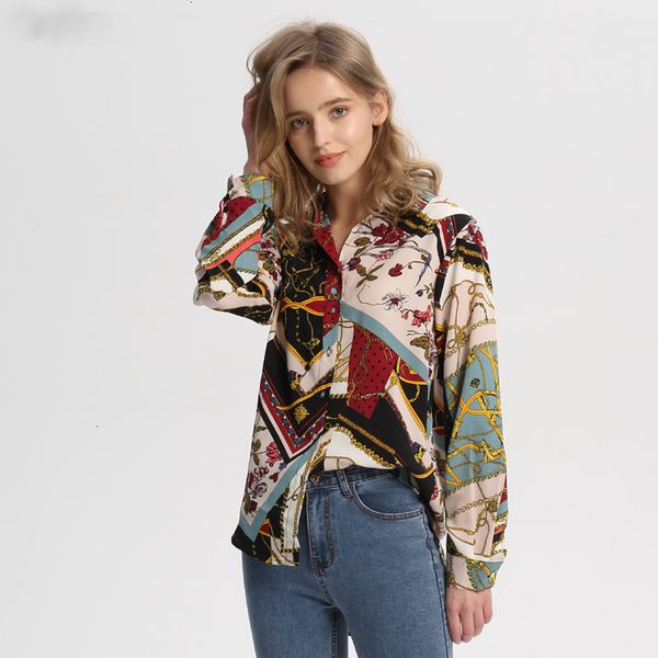 

женщины блузка женщины топы женщины vintage геометрический узор блузы с длинным рукавом turn down v шеи воротник женский повседневная одежда, White