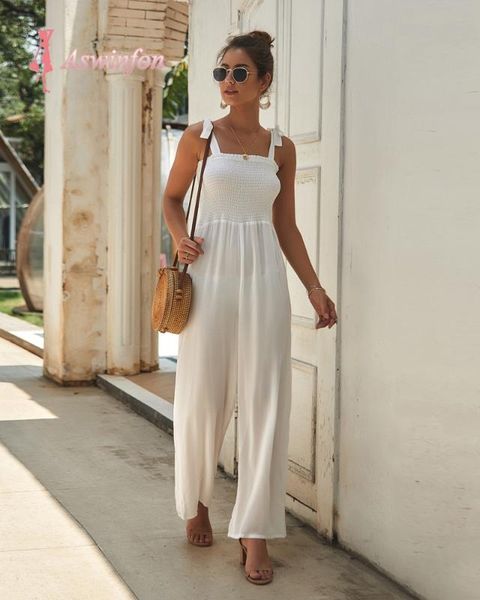 

aswinfon jumpsuit women summer solid romper trousers off shoulder sleeveless halter backless playsuit beach boho long pants, Black;white