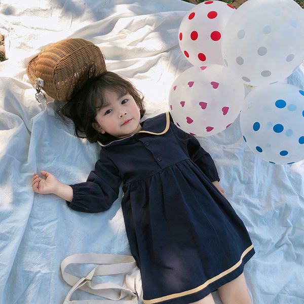 

spring autumn cute baby girls sailor collar long sleeve dress pure cotton kids casual loose dresses clothing, Red;yellow