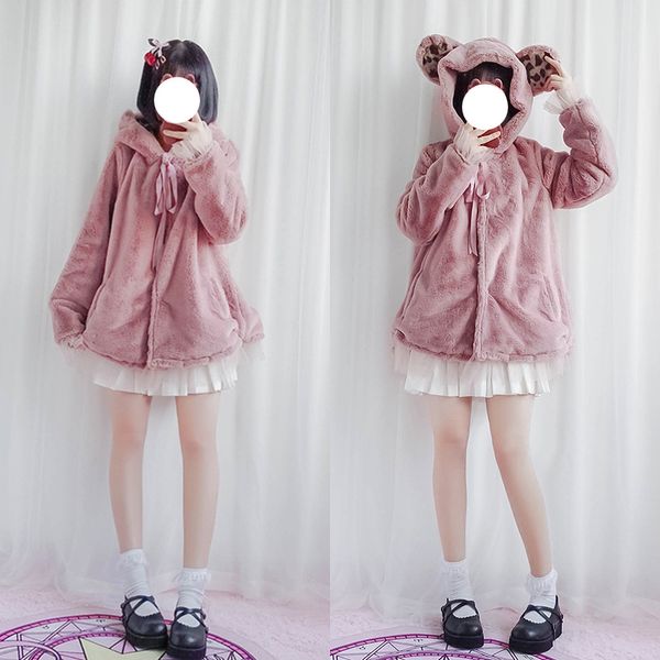 

winter japanese girl soft sister warm coats cute plush bear ears fur lolita jacket, Black;red