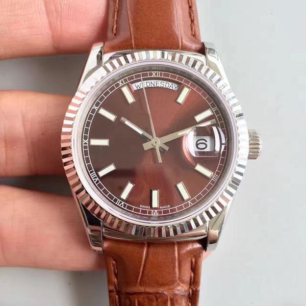 

2020 watches daydate two styles 36mm silver case automatic movement sapphire leather strap promotion men sports wristwat, Slivery;brown