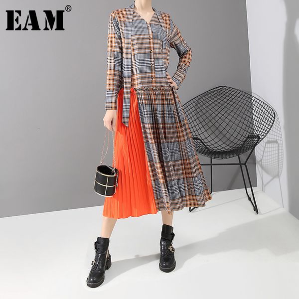 

eam] women plaid printed bandage split pleated dress new v-neck long sleeve loose fit fashion tide spring autumn 2020 1d3130, Black;gray