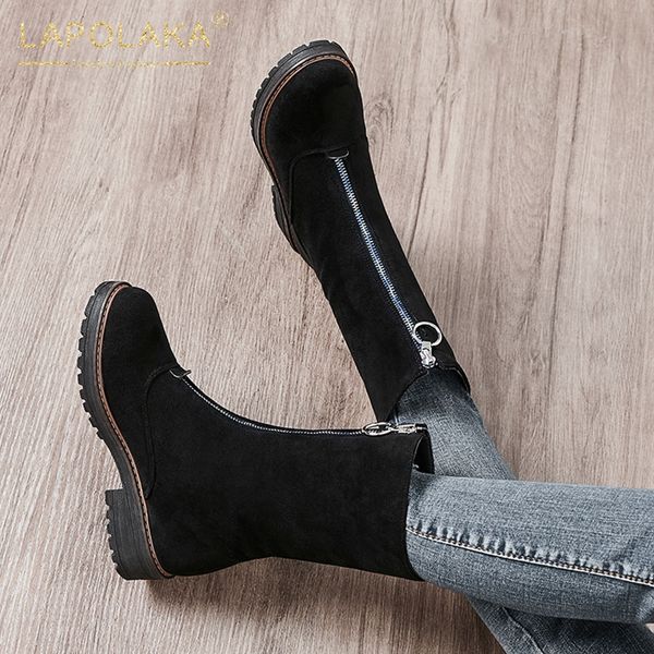 

lapolaka 2020 dropship size 43 chunky heels mid calf boots women shoes woman zip up platform concise shoes woman boots, Black