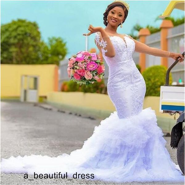 

luxury mermaid wedding dresses bridal gowns south african lace appliques long sleeve tulle tiered custom made wd2222, White