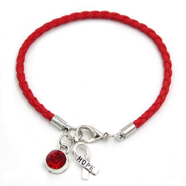 

wholesale red awareness bracelet cancer jewelry red pu leather hope ribbon charm bracelets for cancer center foundation gift, Golden;silver