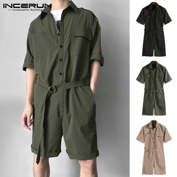 

incerun fashion men jumpsuit romper with belt half sleeve button casual men playsuit pants loose cargo overalls streetwear 2019, Black