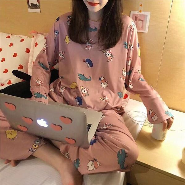 

2pcs women pyjamas set thin cartoon pajamas set autumn winter girl soft long sleeve sleepwear kawaii cute, Black;red