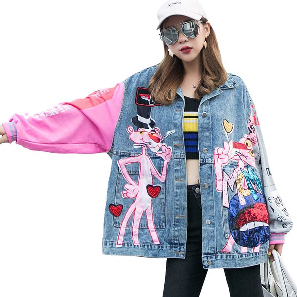 

Women Denim Jacket Fashion Thailand Brand Cartoon Sequins Long Loose Stitching Long-sleeved vintage Denim Jacket Girl Woman