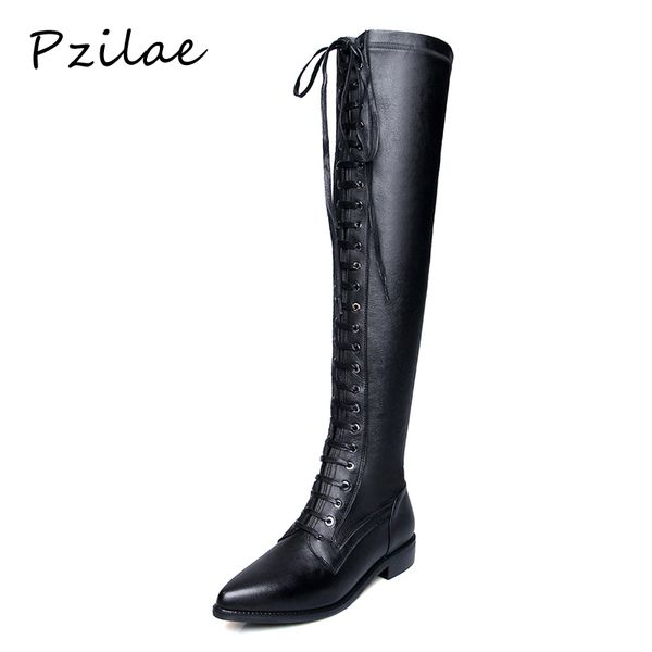 

pzilae ladies cross-tied lace-up leather long boots stretch over the knee boots flats fashion pointed toe motorcycle 34-42, Black