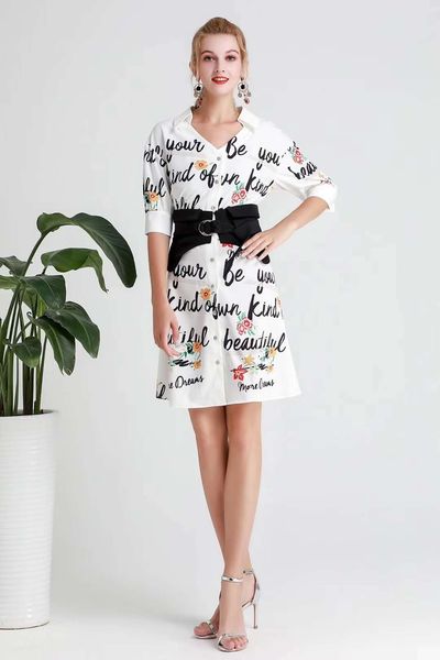 

french campanile skirt retro 2020 summer new style thin waist seal letter print v-neck shirt dress