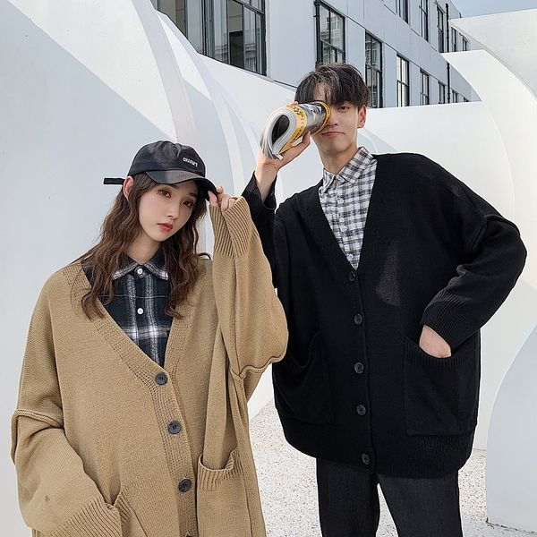 

men's sweater 2019 fall new slim couples solid color cardigan sweater loose casual round collar personality young men's wear, White;black