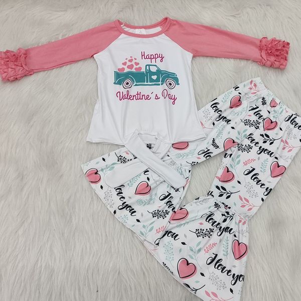 

new valentine style ruffle sleeve raglan with bells pants girls outfits boutique love heart print kids clothing, White