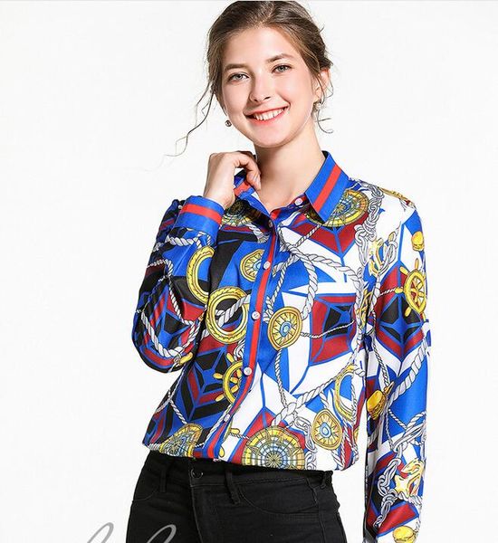 

fashion retro rope printed blue white red contrast color women blouses long sleeve lapel neck ladies shirts fashion printed top