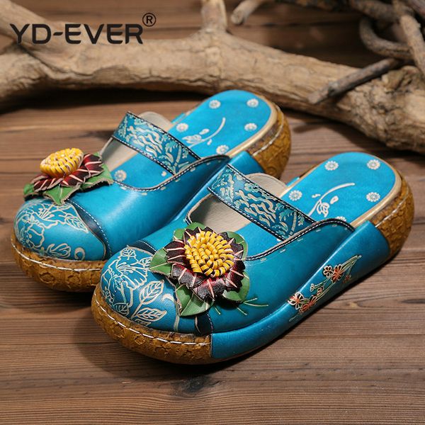 

flower slippers genuine leather shoes handmade slides flip flop on the platform for women woman slippers, Black