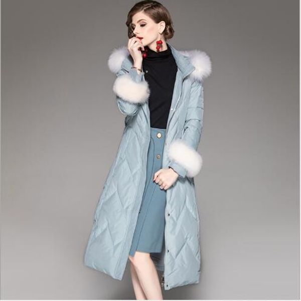 

winter down coat ladies elegant long section big fur collar hooded snow parka 2018 new women casual solid white duck down jacket, Black