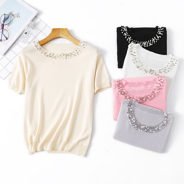 

diamonds t shirt women knit t-shirts womens 2020 vogue elegant tshirts knit women o neck short sleeve, White