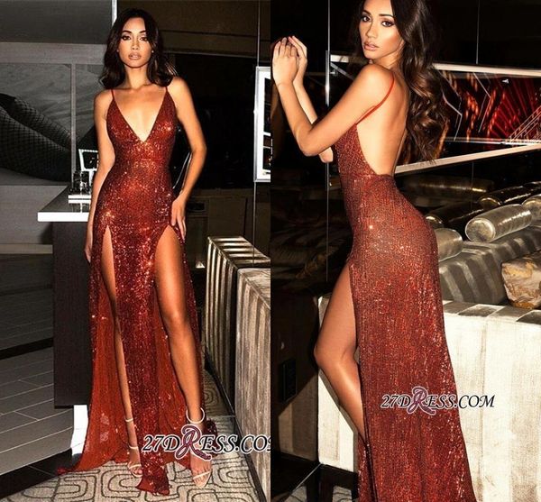 

2019 new deep v neck split side prom dresses red sequins long evening gowns backless thigh-high party celebrity dress bc0466, Black