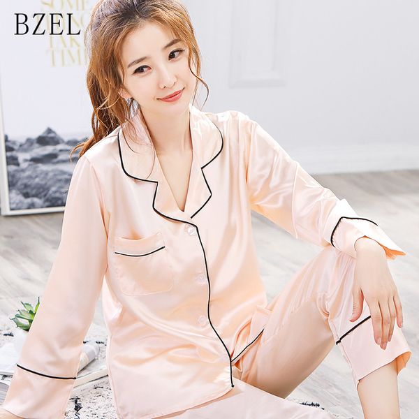 

bzel 2pcs pajama women at all seasons long sleeve suit ice silk sleepwear turn-down collar sleep lounge underwear lingerie -2xl, Blue;gray