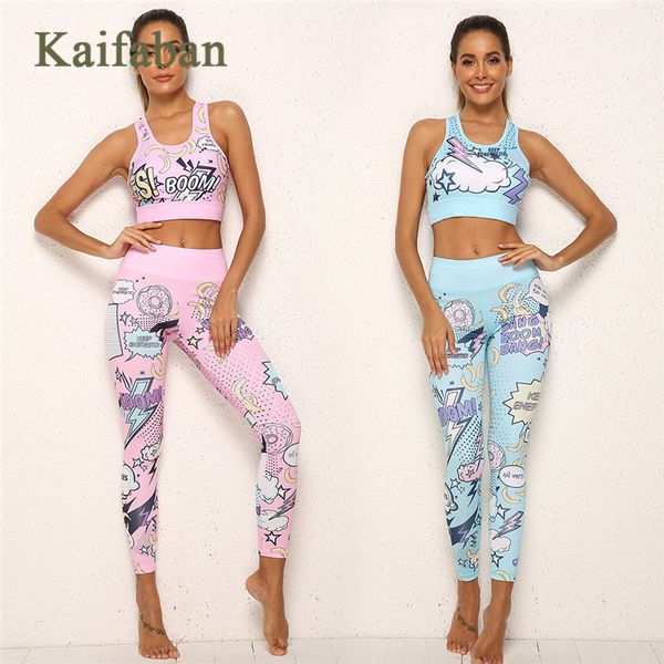 

women 2 piece yoga set sport suit 2020 cartoon printed leisure jogger wear yoga pants fitness leggings gym set workout clothes, White;red