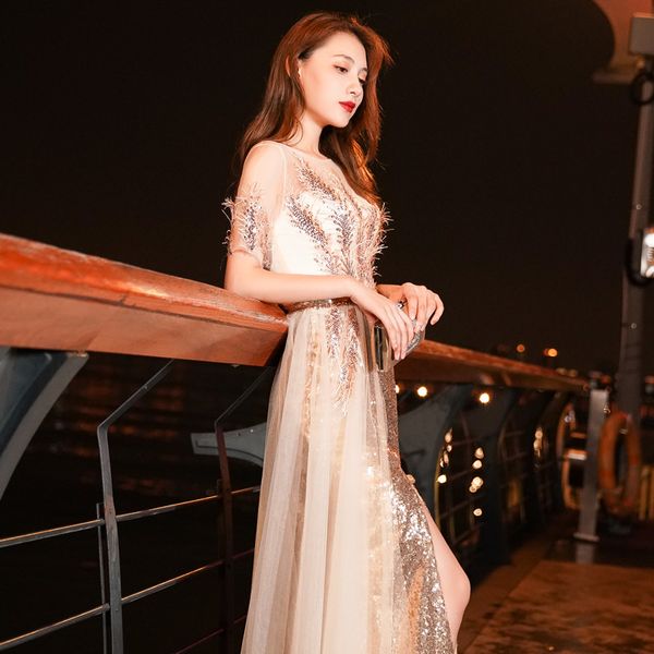 

elegant bling chinese dresses female split evening party gown short sleeve qipao robe sequins noble cheongsam maxi dress, Red