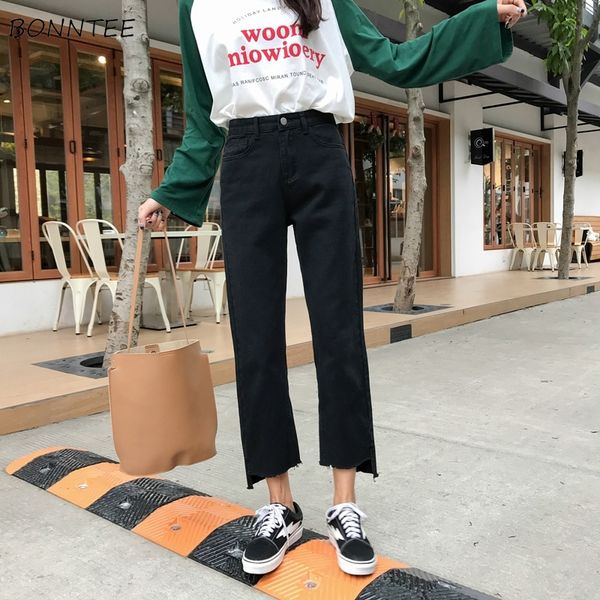 

jeans women 2019 loose ripped leisure high waist straight womens jean korean style all-match simple ankle-length zipper chic, Blue