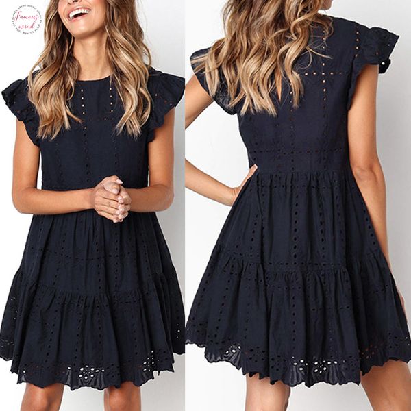 

dress summer woman casual ruffles sleeve ladies o neck hollow out ruched a line dress party fashion daily new yl5, Black;gray