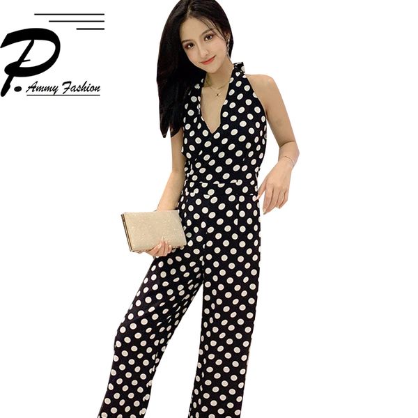 

jumpsuit pants women lady loose summer new wave point high waist hanging neck strapless slim wide leg black jumpsuit plus size, Black;white