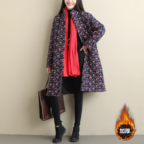 

p shoot 9031 #2019 winter loose and plus-sized retro floral cotton-padded clothes nation wind flower cotton-padded jacket th, Blue;black
