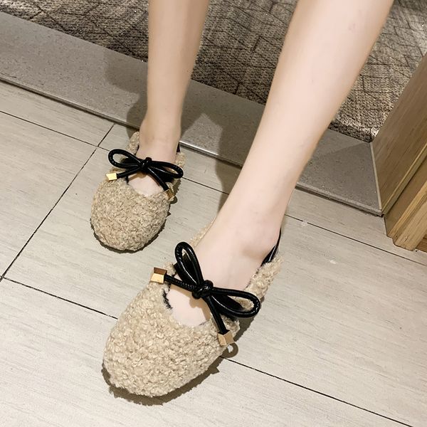 

winter new women peas shoes female wild warm lazy shoes bow peas female flat bottom plus velvet cotton u12-87, Black
