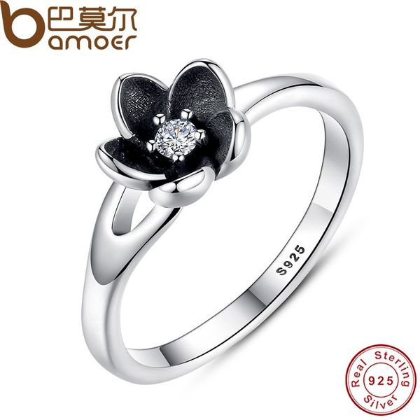 

bamoer new collection authentic mystic floral flower stackable ring cz & black enamel 925 sterling silver jewelry pa7154, Slivery;golden