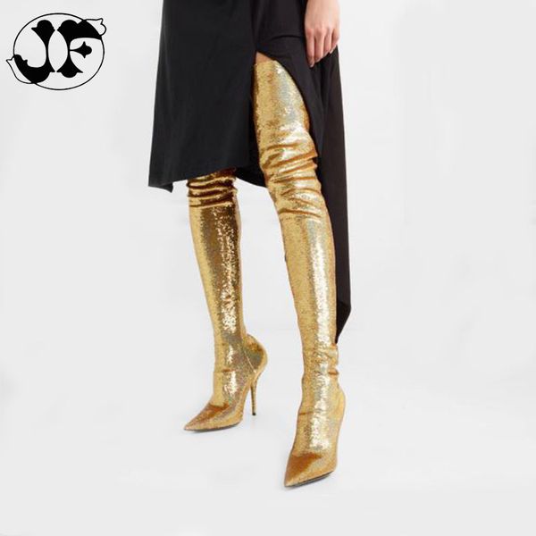 

jf shoes woman high heels thin heel stretch fabric boots fashion sxzy party night club women shoe gold silver large size newest, Black