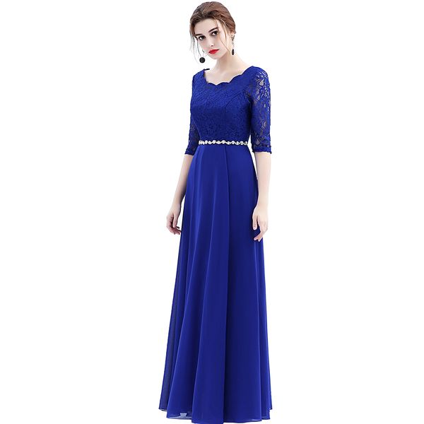 

lace chiffon long bridesmaid dresses with crystal 2020 half sleeves wedding party gowns floor length formal dress royal blue, White;pink