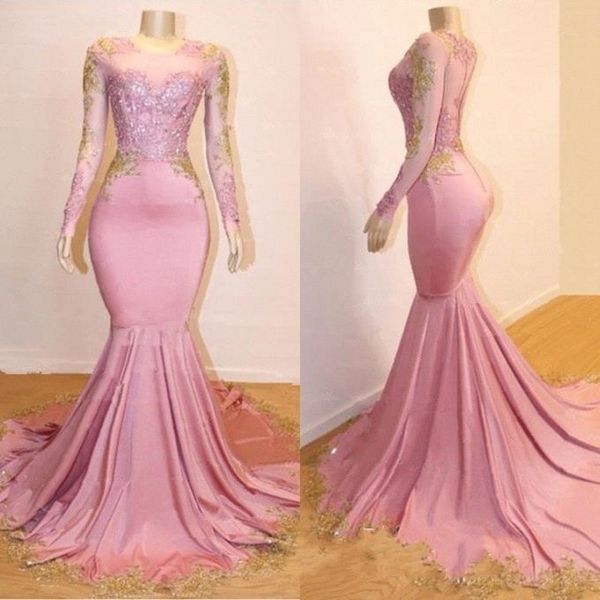 

2020 Pink Sheer Длинных рукавов Русалка Длинного Пром платье черные девушки Золото Круж