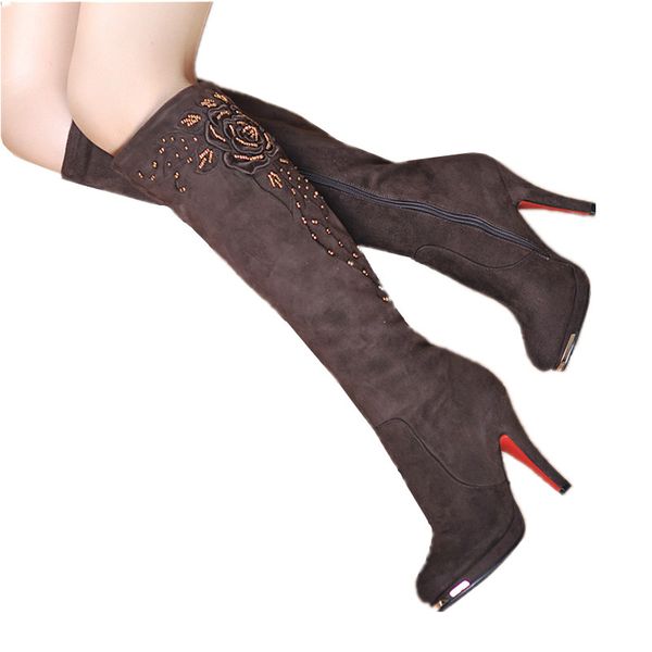 

morazora plus size 34-44 classic fashion flock nubuck leather knee high boots women winter snow high heels platform boots shoes, Black