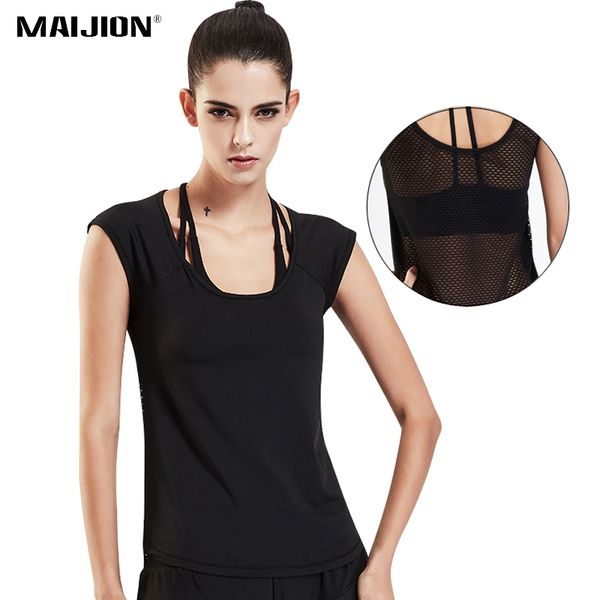 

maijion women quick dry yoga shirts sleeveless hollow out sport slim fitness running t shirt black gym workout vest, White;red