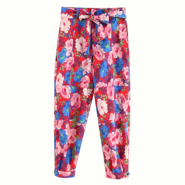 

cbb-9519 women's dress new products with belt flower print pants, Black