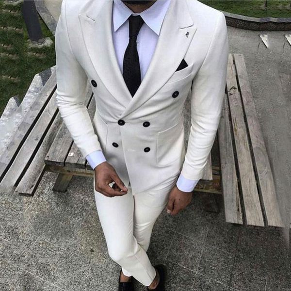 

белый slim fit мужские костюмы повседневная бизнес свадьба tuxedos двойной брестед groom wear жениха костюм homme 2pcs куртки брюки, White;black
