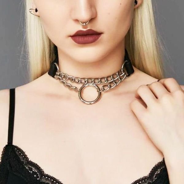 

chokers punk pu leather circle round choker necklace for women harajuku goth alloy o shape clavicle chain necklaces jewelry a629, Golden;silver