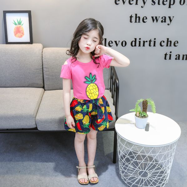 

fashion baby girls summer cotton suits 1-4t kids cartoon pineapple short sleeve clothing children t-shirts+ pantskirt=2pcs/set, White