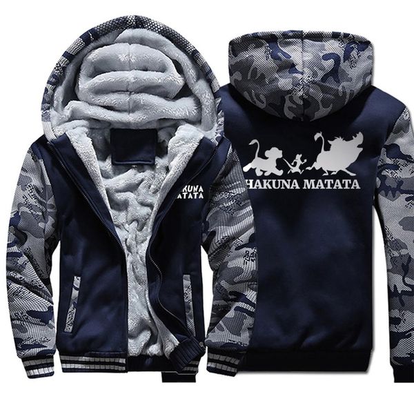 

hakuna matata the lion king jackets men simba pumbaa timon hoodies movie sweatshirt winter thick coats sportswear camo outwear, Black