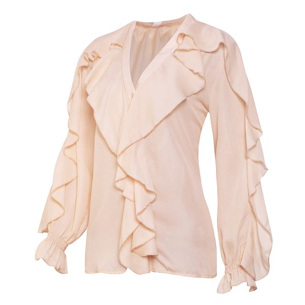 

autumn/winter style women's 2020 new european and american pure color lace v-collar chiffon shirt, White