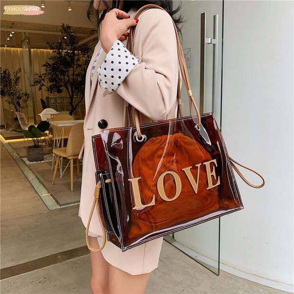 

women transparent handbag letter printing large capacity shoulder bags pvc clear beach tote summer casual messenger bags t3g