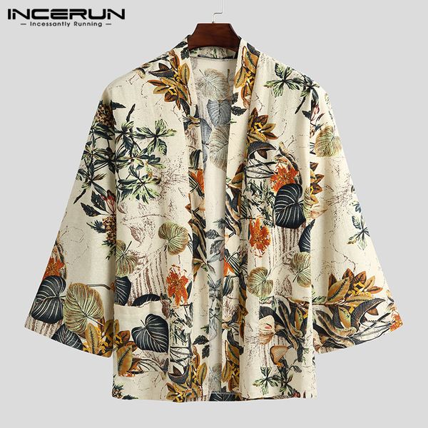 

2020 vintage printed men shirt cotton 3/4 sleeve stand collar cardigan open stitch camisa ethnic casual kimono incerun 3xl, White;black